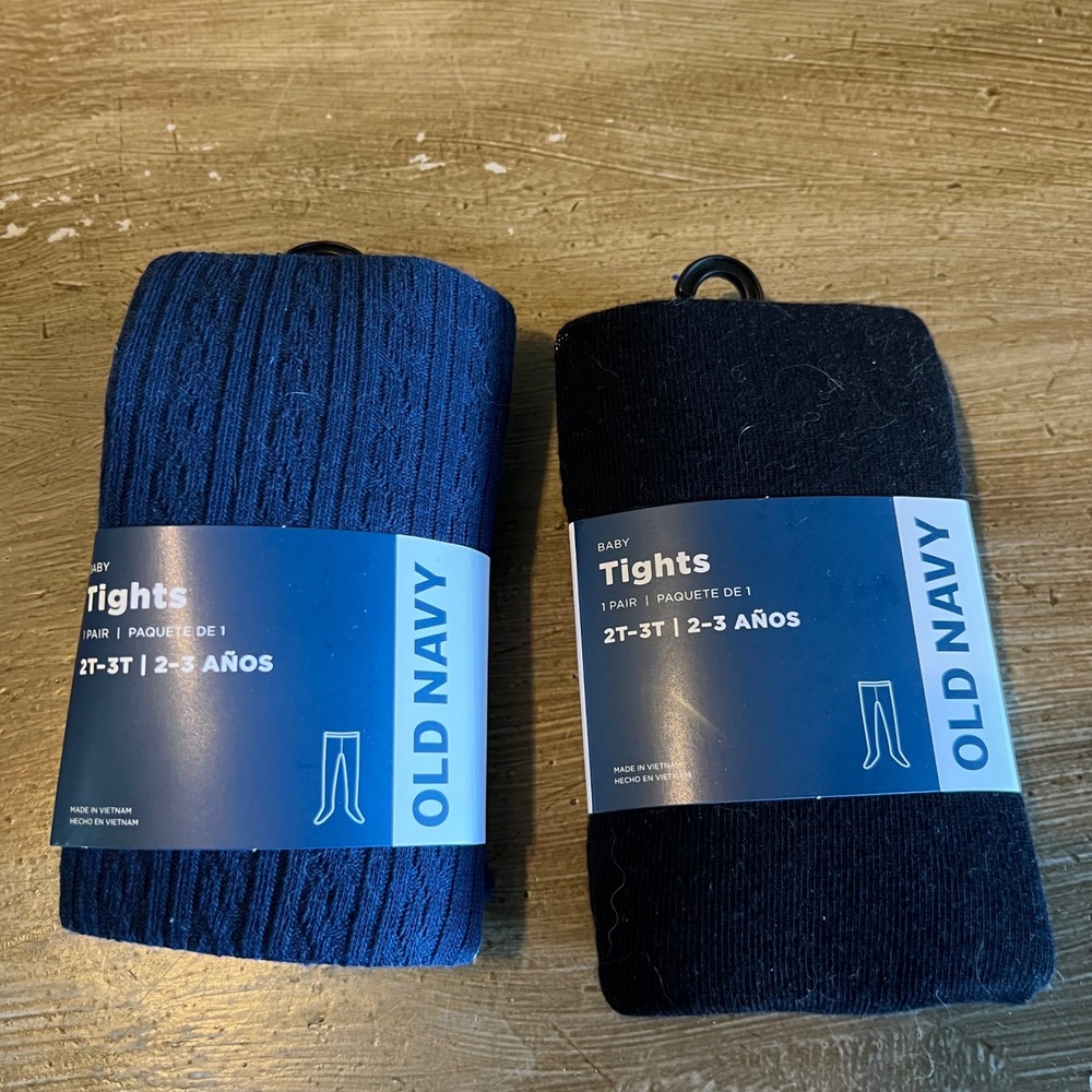 NEW Old Navy Girls Tights 2 Pack Navy Blue Cable Knit and Black Solid 2T-3T